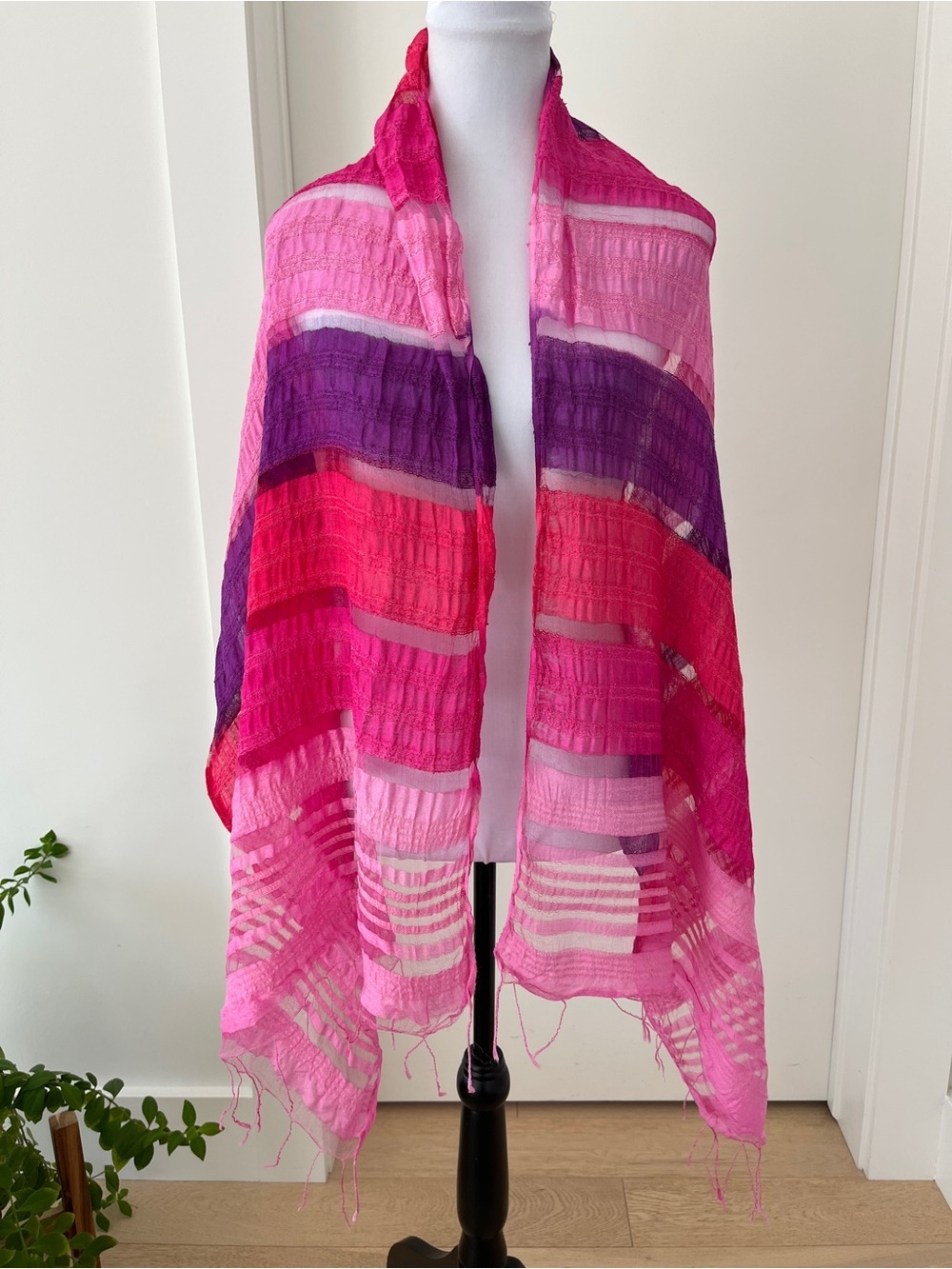 SCARF Shawl Sheer Crinkle Lightweight Vibrant Fringe Summer Colourblock Travel